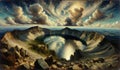 A crater lake atop a dormant volcano, surrounded by rocky terrain. landscape, Nature Painting
