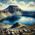 A crater lake atop a dormant volcano, surrounded by rocky terrain. landscape, Nature Painting