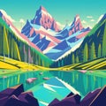 a mountain lake surrounded by towering peaks and rocky shores. Illustration, Generative Ai