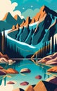 a mountain lake surrounded by towering peaks and rocky shores. Illustration, Generative Ai