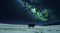 Lone Cow Under Milky Way Aurora Night: Minimalist Monochromatic Landscape in 32K UHD, Generative AI
