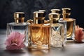 Ai Generative Perfume bottles with flowers on grey table. Luxury fragrance