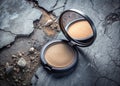 Closeup Urban Concrete Makeup Mirror A Flat Lay Exploring Texture and Reflection with Compact Powder Ideal for Beauty Royalty Free Stock Photo