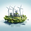 Eco city concept with wind turbines and buildings on a blue background Ai generative