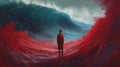 Red Wave: Surreal Painting of an Imaginary Universe with Dark Naturalistic Ocean Waves and Distorted Figures, Generative AI