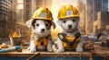 Two Adorable Puppies in Hard Hats - Photorealistic Illustrations of Playful Pups Ready for Action