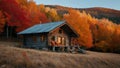 Wooden house in the autumn forest. Beautiful landscape with old wooden house in the mountains. Royalty Free Stock Photo