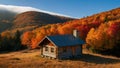 Wooden house in the autumn forest. Beautiful landscape with old wooden house in the mountains. Royalty Free Stock Photo