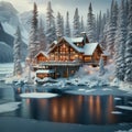 Snowy Lakeside Hideaway: Cozy Cabin in Winter Royalty Free Stock Photo