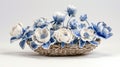 Discover a charming arrangement of blue and white ceramic flowers elegantly nestled in a basket. Ai Generated