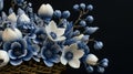 Discover a charming arrangement of blue and white ceramic flowers elegantly nestled in a basket. Ai Generated