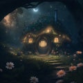 Discover a charming Hobbit house adorned with flowers and lights in a dark and enchanting fantasy forest. Generated by AI