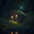 Discover a charming Hobbit house adorned with flowers and lights in a dark and enchanting fantasy forest. Generated by AI