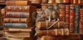 A rat perched on a stack of books in an old library Royalty Free Stock Photo