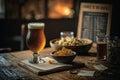 Discover craft beer heaven with cloudy golden brew and snacks, generative AI