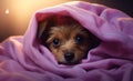 Discover the Adorable Secret: A Small Brown Dog Hiding Under a Pink Blanket! Royalty Free Stock Photo