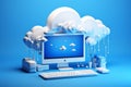 Cloud computing concept with computer and cloud computing 3d render on blue background Ai generative Royalty Free Stock Photo