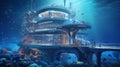 A detailed ultra-realistic rendering of a futuristic underwater research facility equipped with advanced marine biology labs, unde