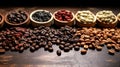 diverse world of coffee roasts with an assortment of beans laid out on a rustic wooden table Royalty Free Stock Photo