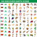 100 discover earth icons set, cartoon style Royalty Free Stock Photo
