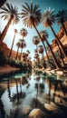 A desert oasis with a crystal-clear lake surrounded by palm trees. Landscape background, Palm Trees, Generative Ai. Royalty Free Stock Photo