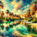 A desert oasis with a crystal-clear lake surrounded by palm trees.Painting, Landscape background, Palm Trees, Generative Ai. Royalty Free Stock Photo