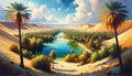 A desert oasis with a crystal-clear lake surrounded by palm trees.Painting, Landscape background, Palm Trees, Generative Ai. Royalty Free Stock Photo