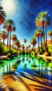 A desert oasis with a crystal-clear lake surrounded by palm trees.Painting, Landscape background, Palm Trees, Generative Ai. Royalty Free Stock Photo