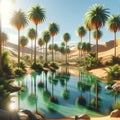 A desert oasis with a crystal-clear lake surrounded by palm trees.Painting, Landscape background, Palm Trees, Generative Ai. Royalty Free Stock Photo