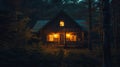 Solitude Under Starlight: Illuminated Cabin Retreat Royalty Free Stock Photo