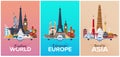 Discover Europe, Explore Europe, travel to Asia. Vacation. Trip to country. Travelling illustration. Modern flat.