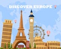 Discover Europe travel card Vector. Main tourist attractions with Eiffel Tower, Pisa, Coliseum etc