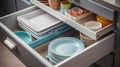 Discover the Exquisite Set of Tableware Nestled in the Kitchen Drawers. Generative AI Royalty Free Stock Photo
