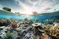 Underwater view of coral reef with lifeless tropical fish, the effect from climate change.