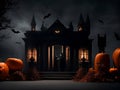 Eerie Halloween Cinematic Scene with Pumpkins, Ghosts, and Costumed Figures against Spooky Palace Backdrop