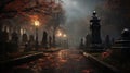 Eerie Beauty: Rainy Night in a Hauntingly Serene Cemetery