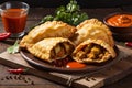 Typical Colombian food fried empanadas with sauce