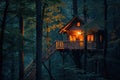 Discover a hidden gem in the heart of the wilderness - a charming tree house nestled amidst a dense forest, A cozy tree house Royalty Free Stock Photo