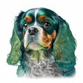 Realistic Cavalier Spaniel Dog Portrait: Vibrant Green and Yellow Canine Art.