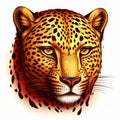 Leopard Head: Realistic Vibrant Colors in Yellow, Orange, and Red.