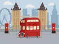 Discover London on double decker red bus banner vector illustration. City public transport service vehicle retro bus