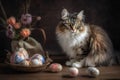 Enchanting Easter Cat Cuddling Easter Egg Toys in a Cosy Cabin (AI Generated)