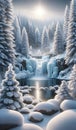 Enchanting Frozen Waterfall in Winter Wonderland. Frozen waterfall forest