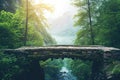 Enchanting Stone Bridge in Misty Forest, Fairytale Scenery Royalty Free Stock Photo