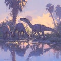 Prehistoric Allosaurus Gathering by the River