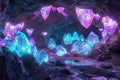 Discover the mesmerizing beauty of a cave adorned with an array of intense purple and blue lights, A mysterious cave filled with