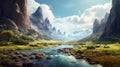 The Valley Beyond, A breathtaking landscape of Westworld's fabled Valley Beyond, featuring towering mountains, Generative AI