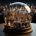 beautifully lit steampunk ancient city in a crystal ball snow globe on the table