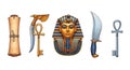 Ancient Egyptian artifacts including pharaoh mask, scroll, dagger, and ankh keys for history projects Royalty Free Stock Photo
