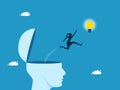 Discover new ideas. woman jumping out of head to grab a light bulb